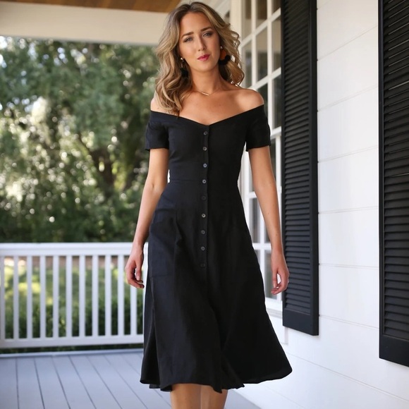 Reformation Linen Off Shoulder Black Midi Dress Sz2 - Picture 1 of 9